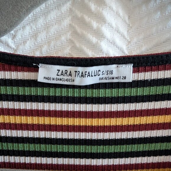 Zara NWOT Striped Stretch Midi Dress Black Green White Yellow Brown Size Medium - Picture 8 of 9